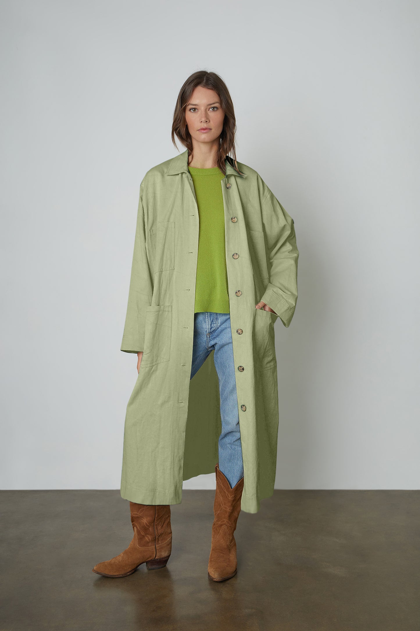 ELAINE SANDED TWILL COAT IN MOSS