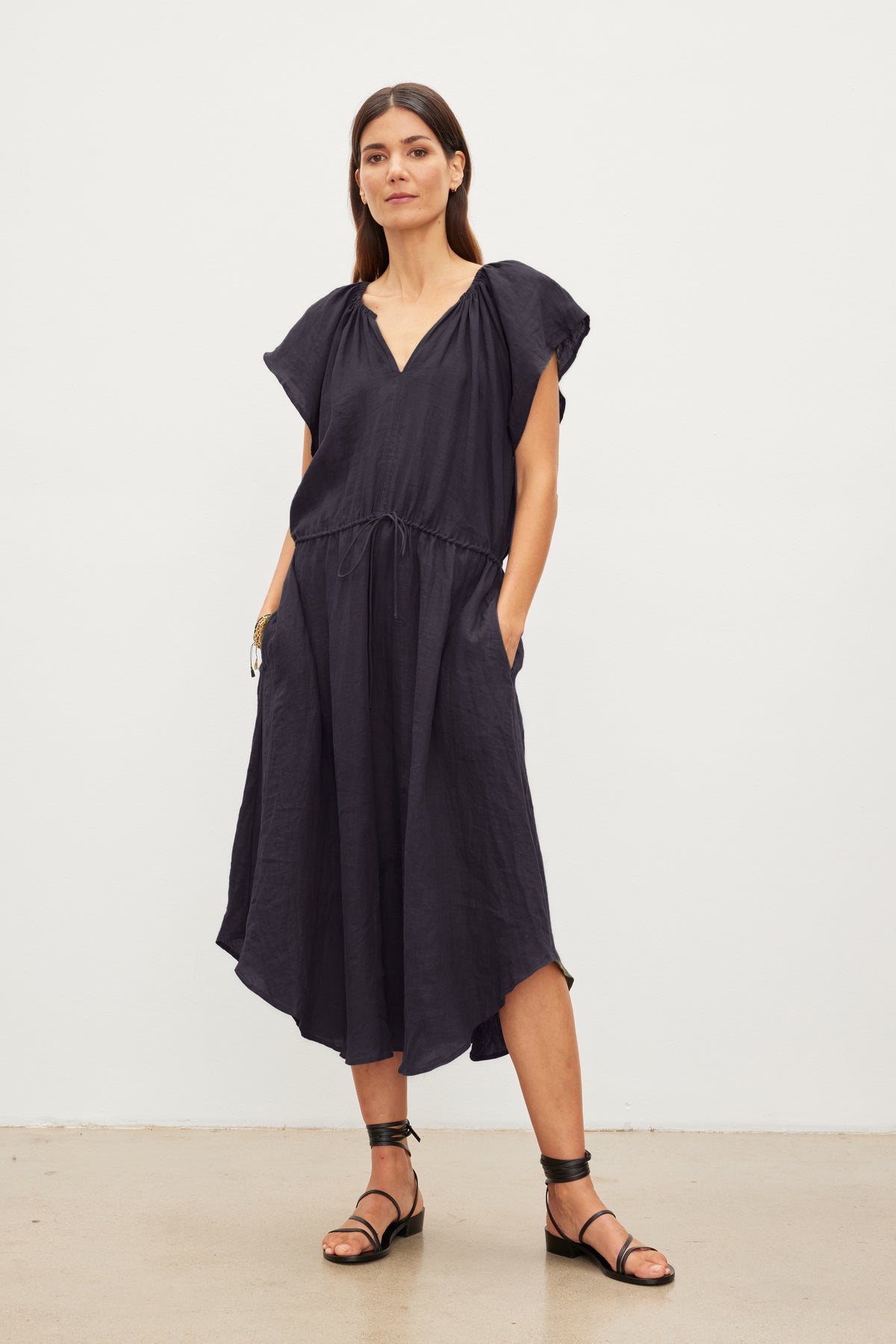 PEPPER LINEN V-NECK DRESS IN COPEN