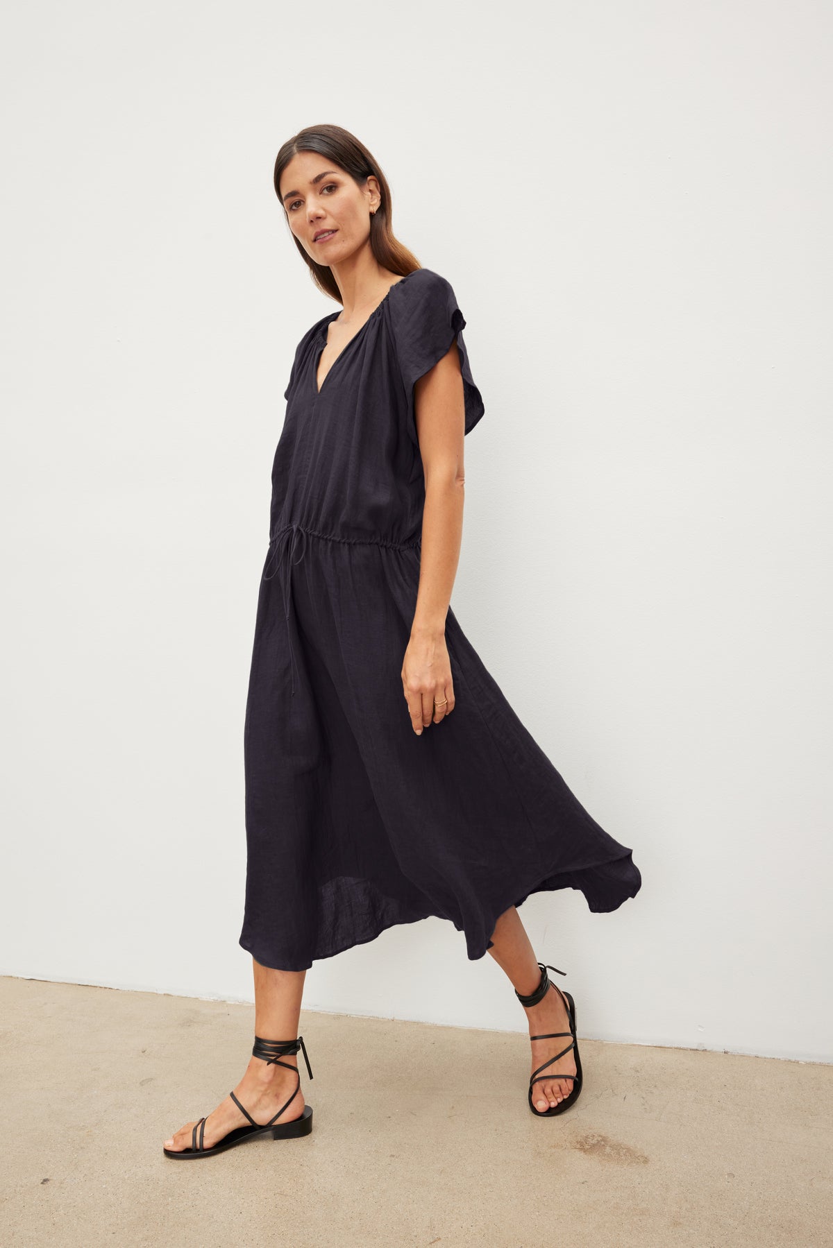 PEPPER LINEN V-NECK DRESS IN COPEN