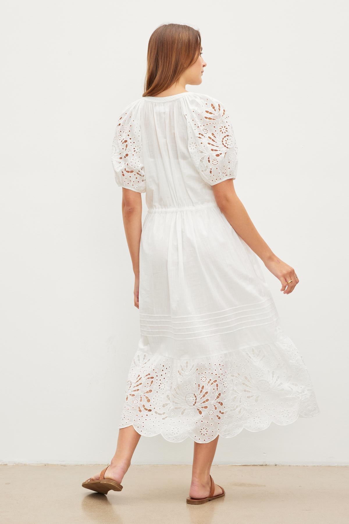 NADIA EMBROIDERED COTTON LACE DRESS IN ECRU