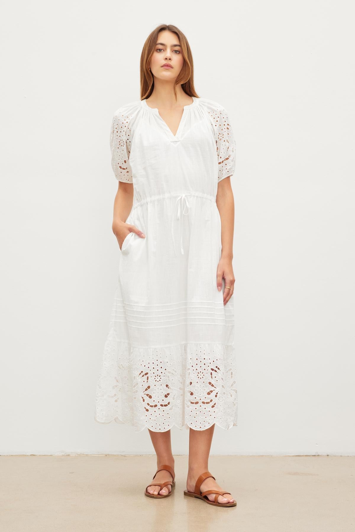 NADIA EMBROIDERED COTTON LACE DRESS IN ECRU