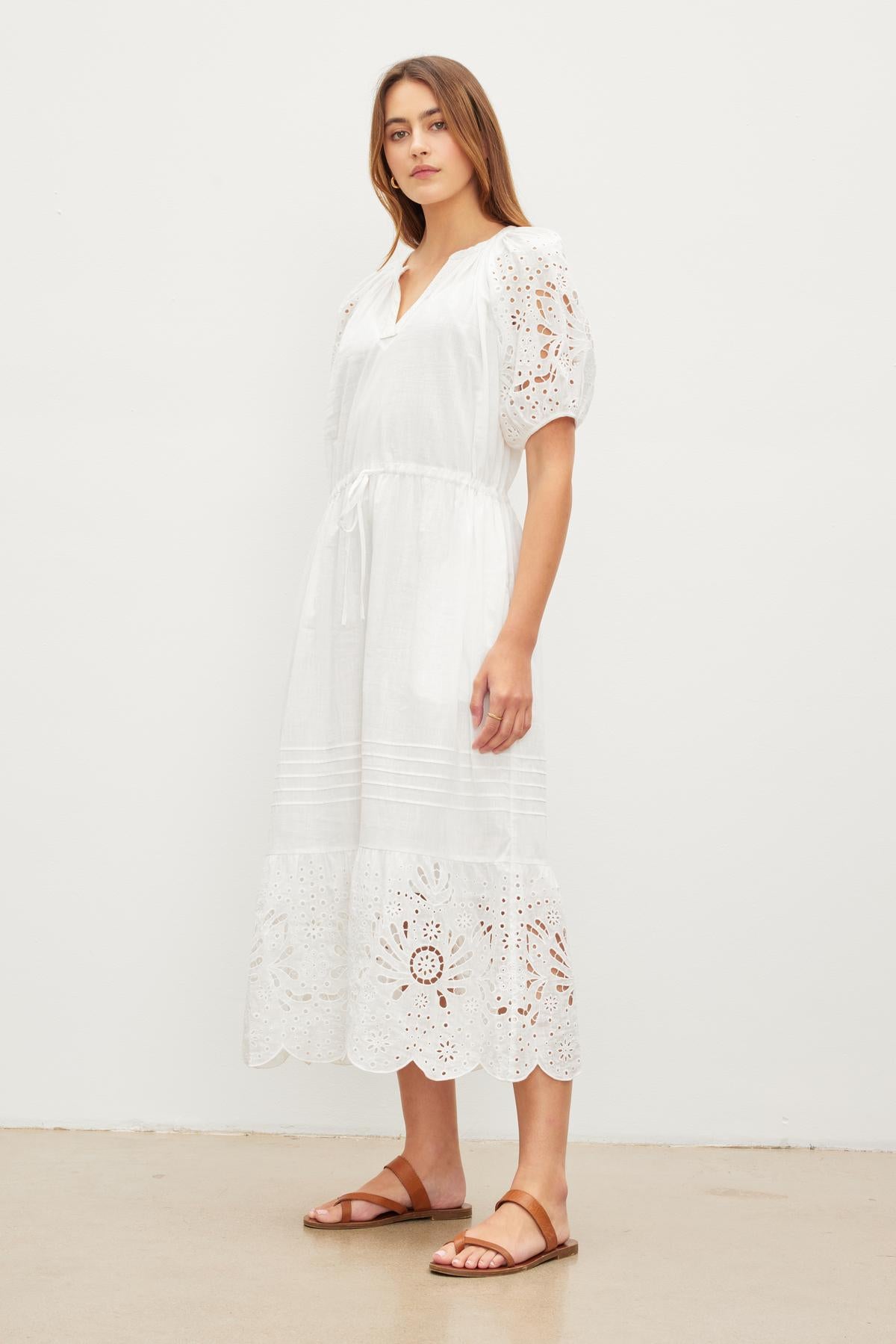 NADIA EMBROIDERED COTTON LACE DRESS IN ECRU