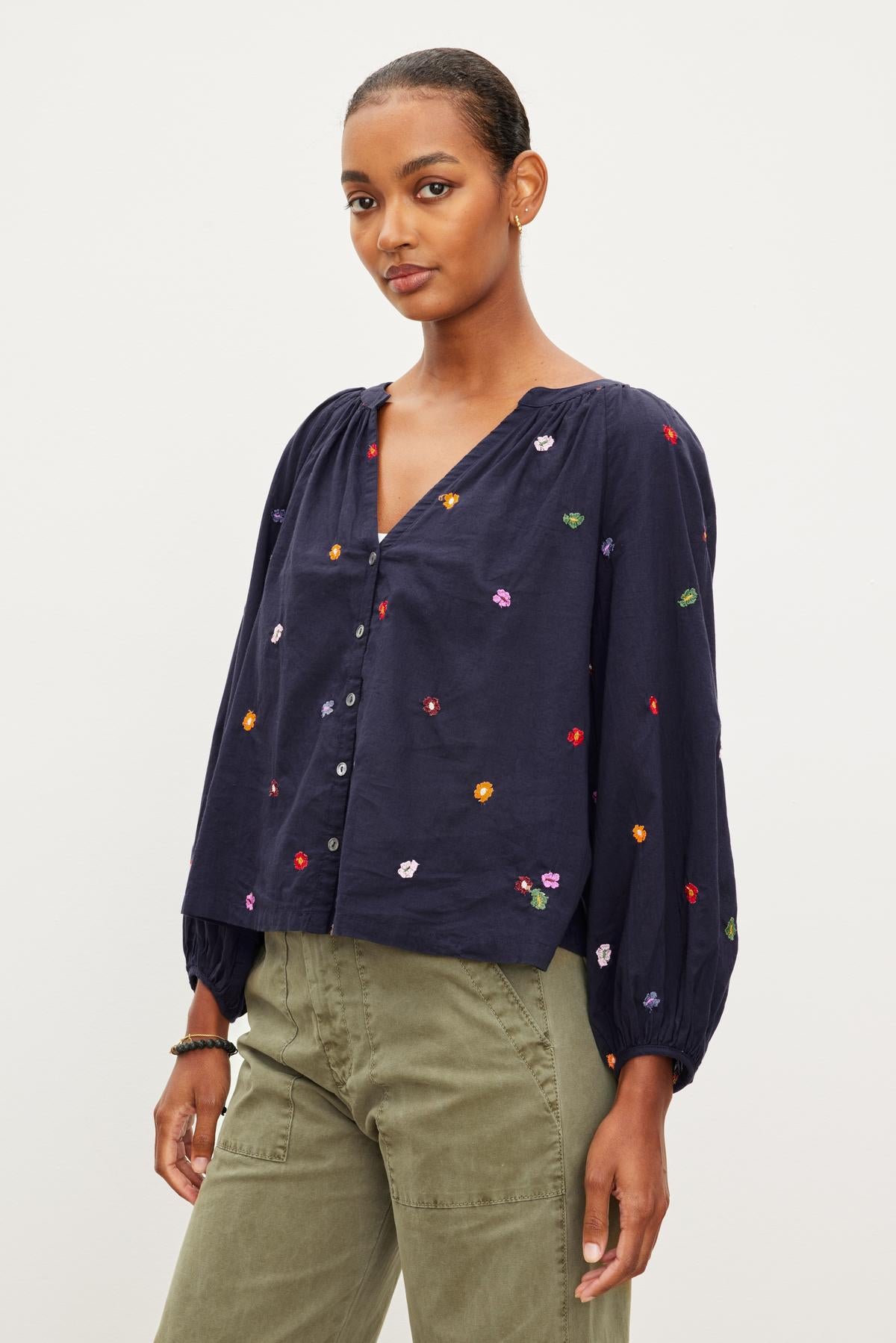 ARETHA EMBROIDERED BOHO TOP IN NAVY