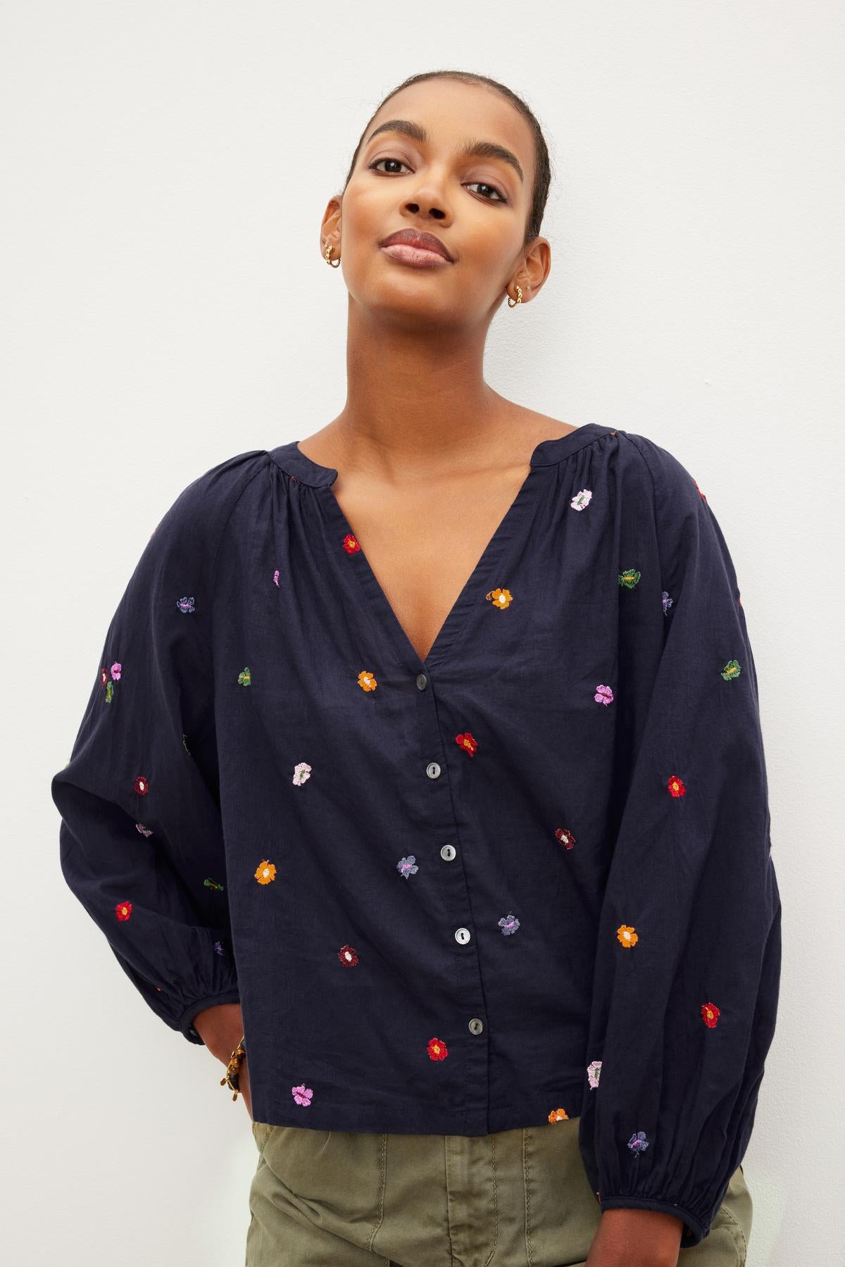 ARETHA EMBROIDERED BOHO TOP IN NAVY