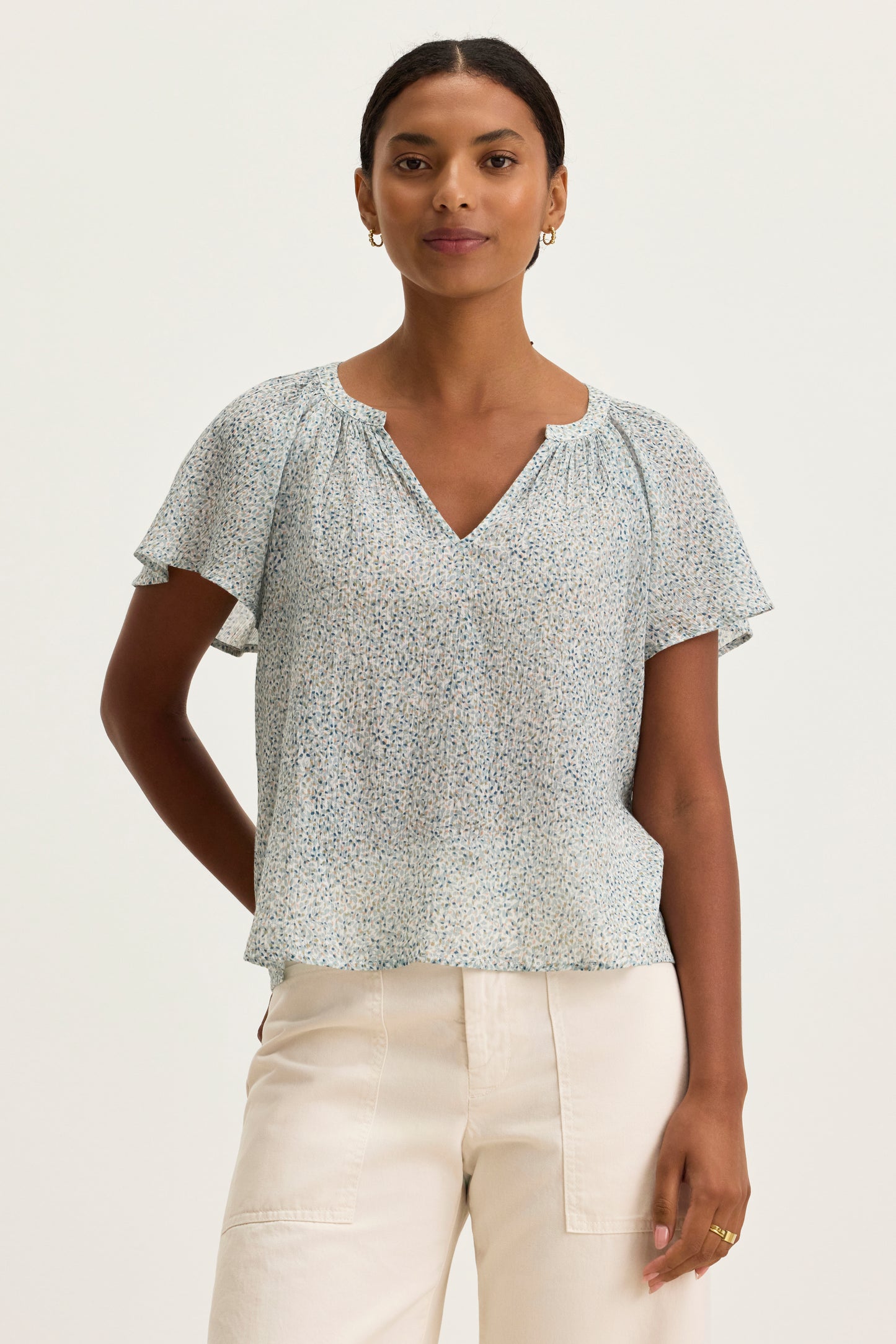 PARK PRINTED CRINKLE COTTON GAUZE TOP IN SEAFOAM