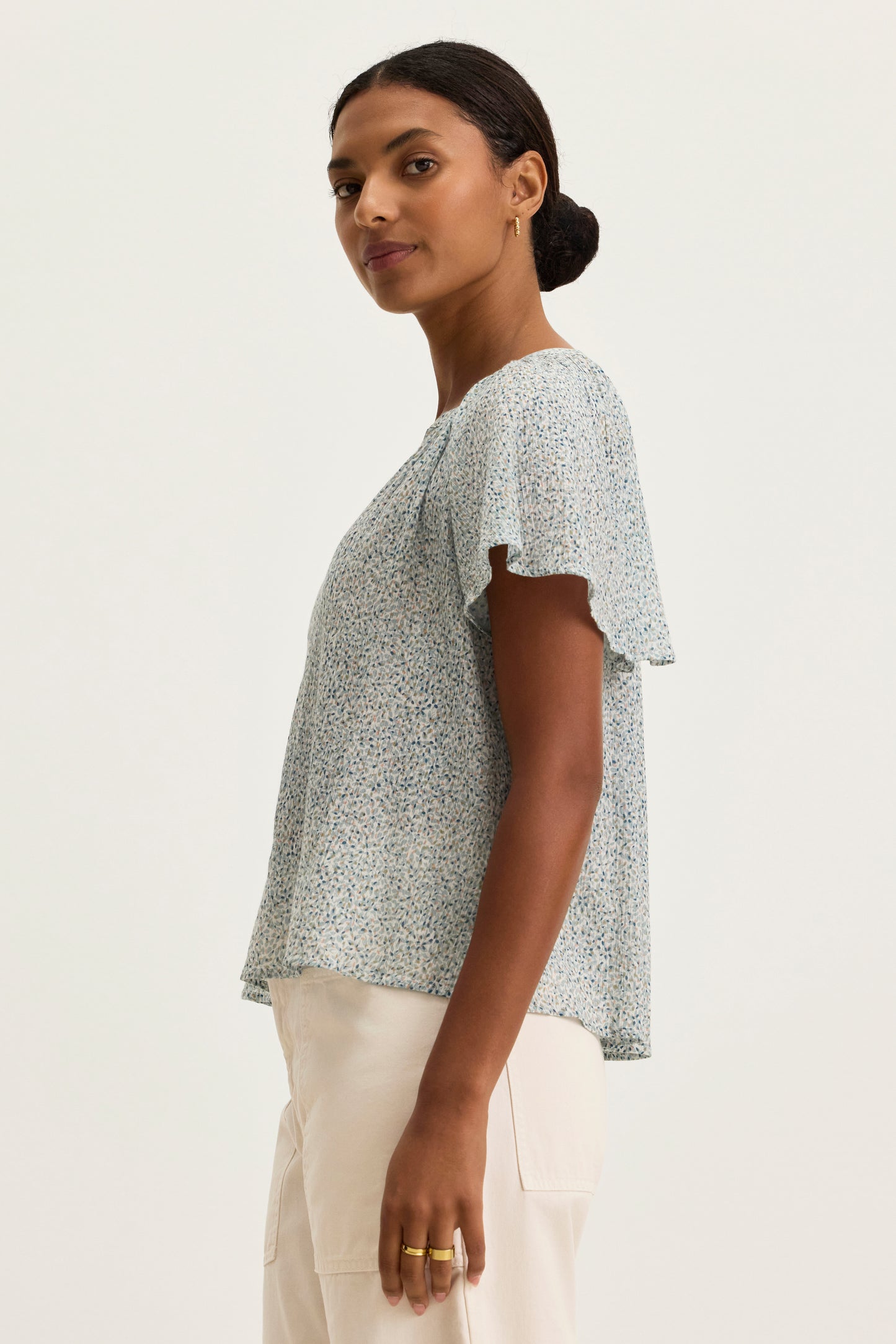 PARK PRINTED CRINKLE COTTON GAUZE TOP IN SEAFOAM