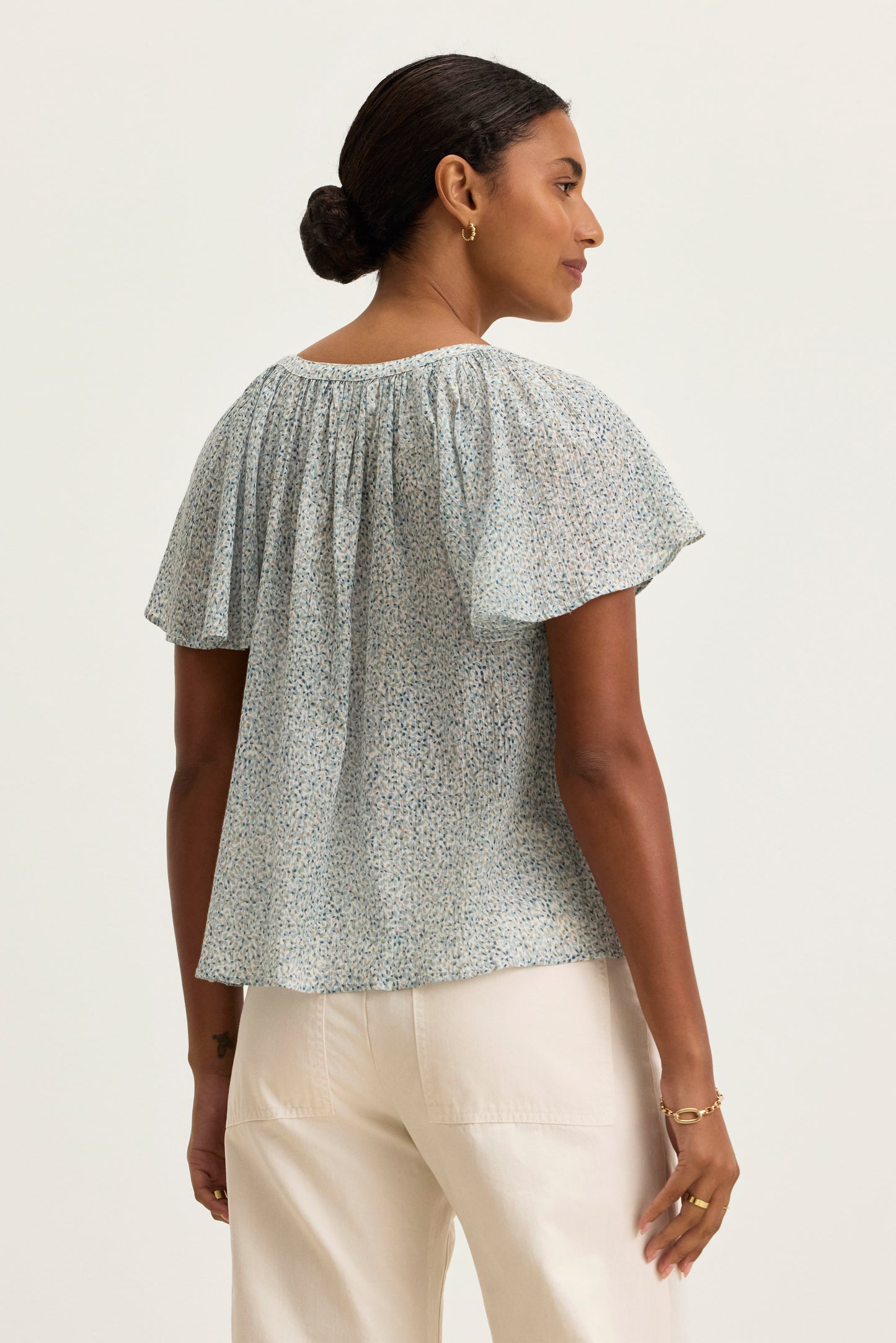 PARK PRINTED CRINKLE COTTON GAUZE TOP IN SEAFOAM