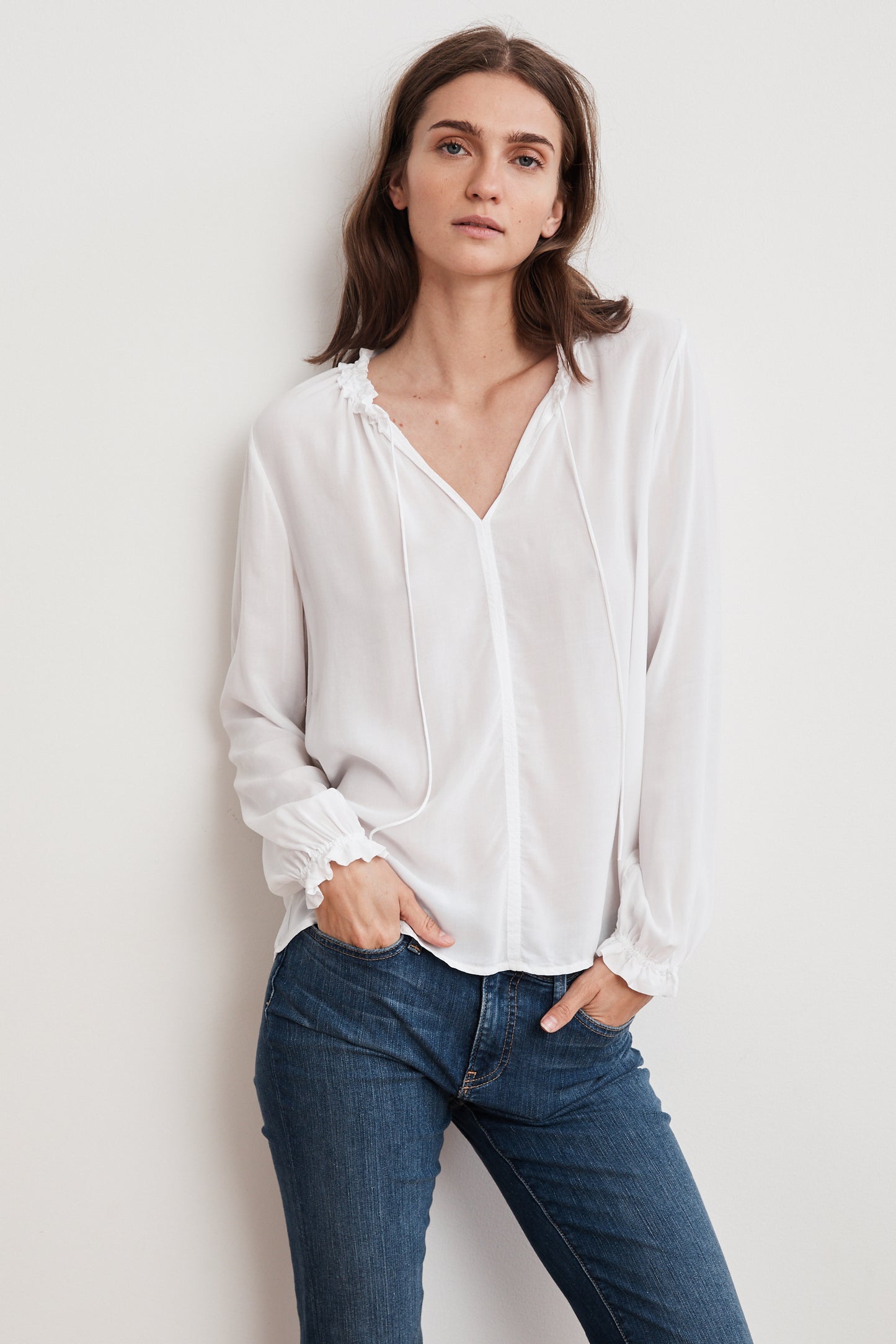 SAMANTHA RAYON CHALLIS PEASANT TIE TOP IN WHITE
