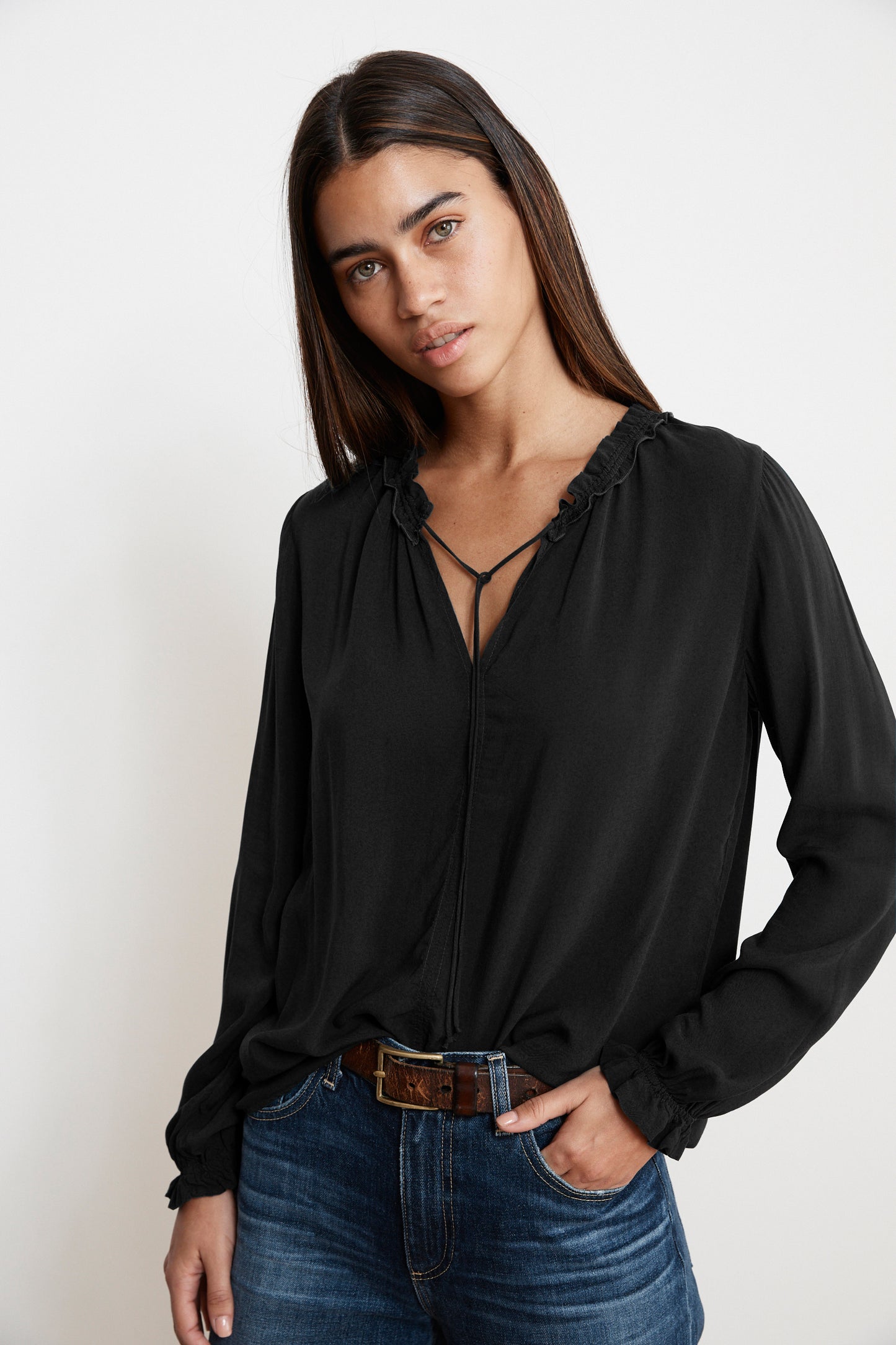 SAMANTHA RAYON CHALLIS PEASANT TIE TOP IN BLACK