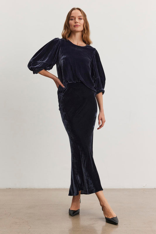NANCY SILK VELVET TOP IN NAVY