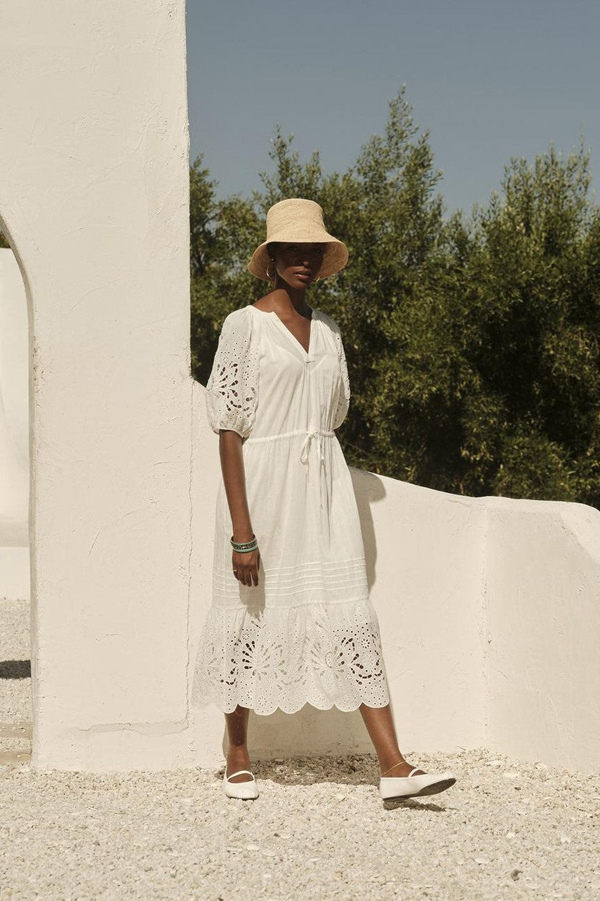 NADIA EMBROIDERED COTTON LACE DRESS IN ECRU