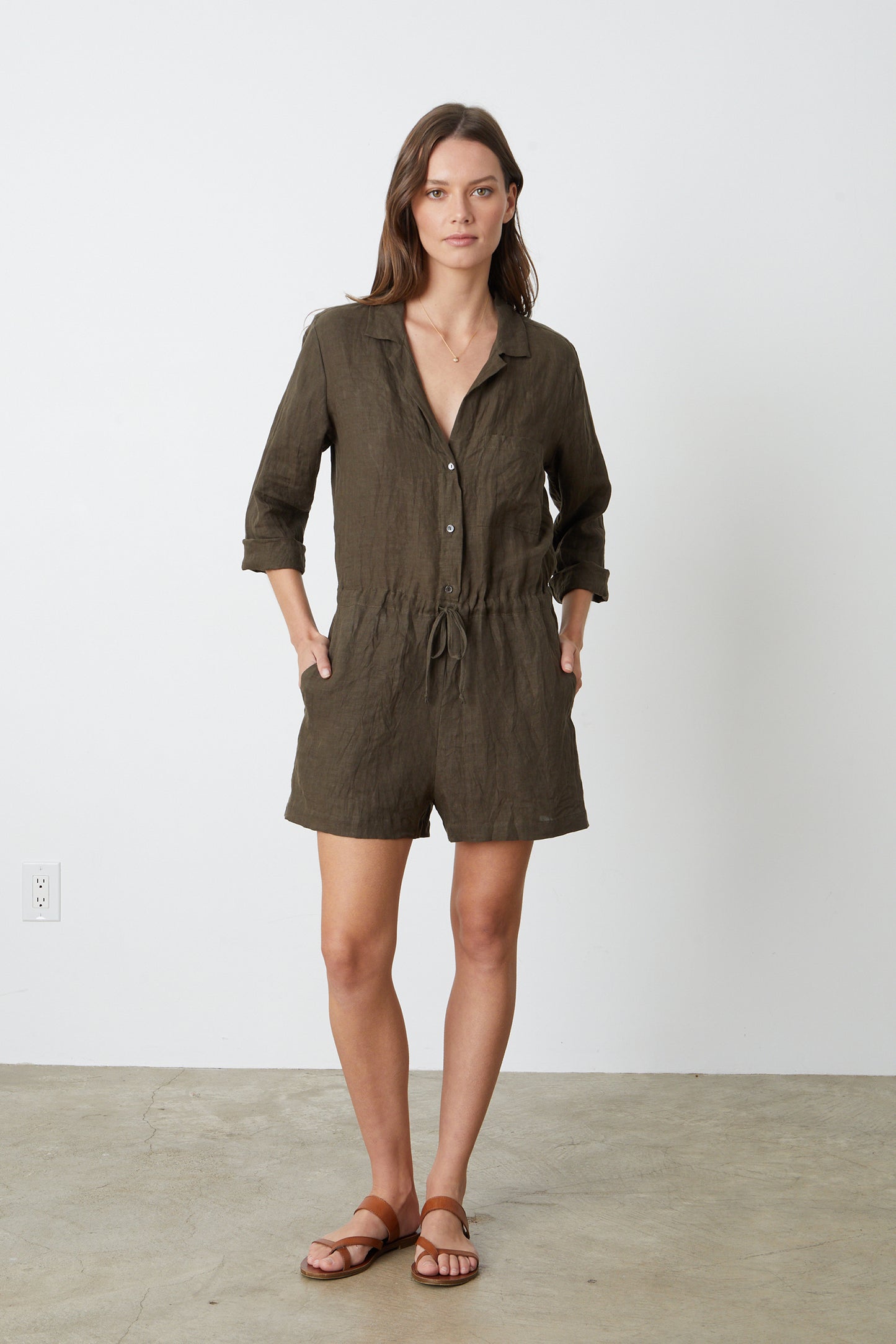 RUTH WOVEN LINEN PLAYSUIT IN CAVIAR