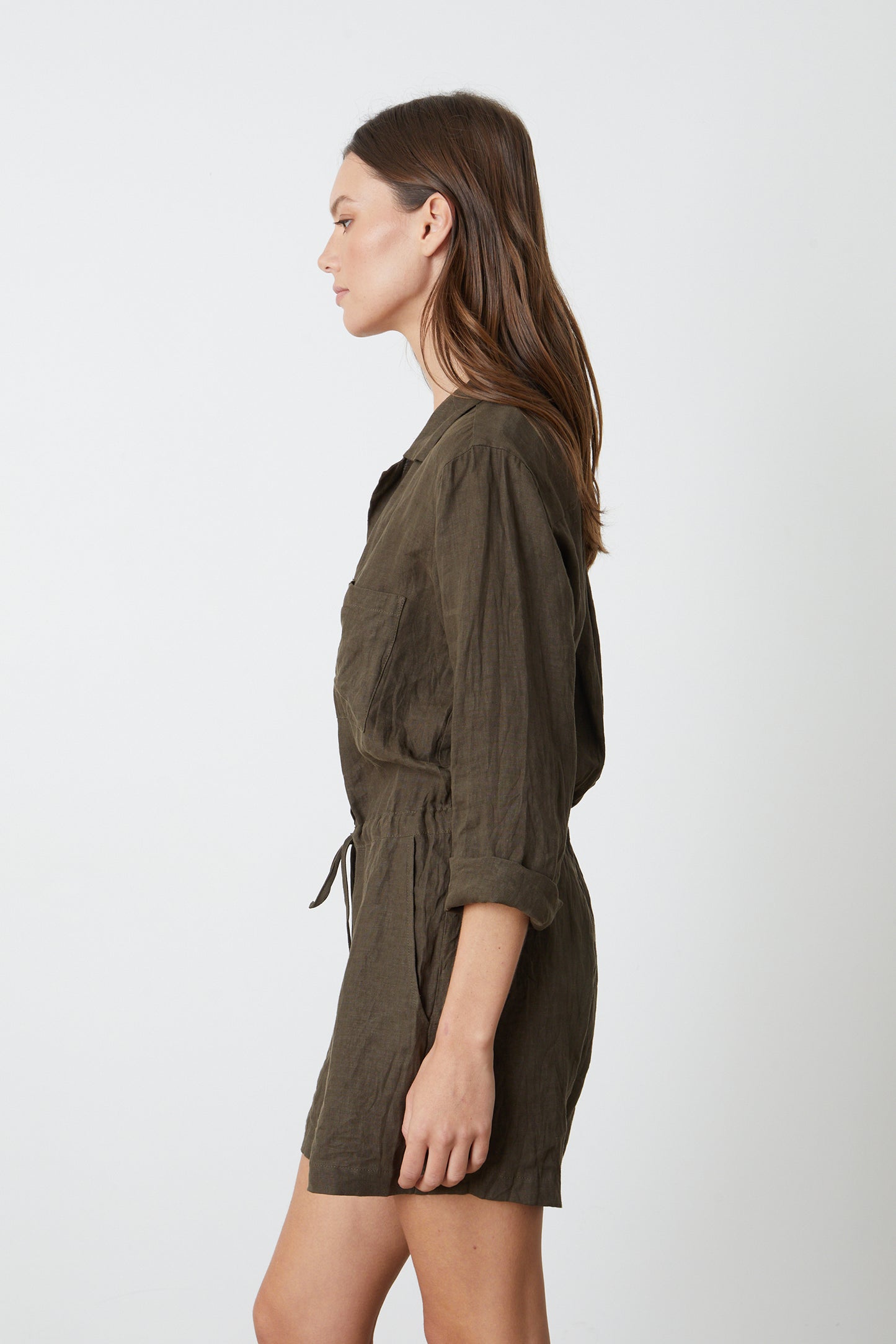 RUTH WOVEN LINEN PLAYSUIT IN CAVIAR