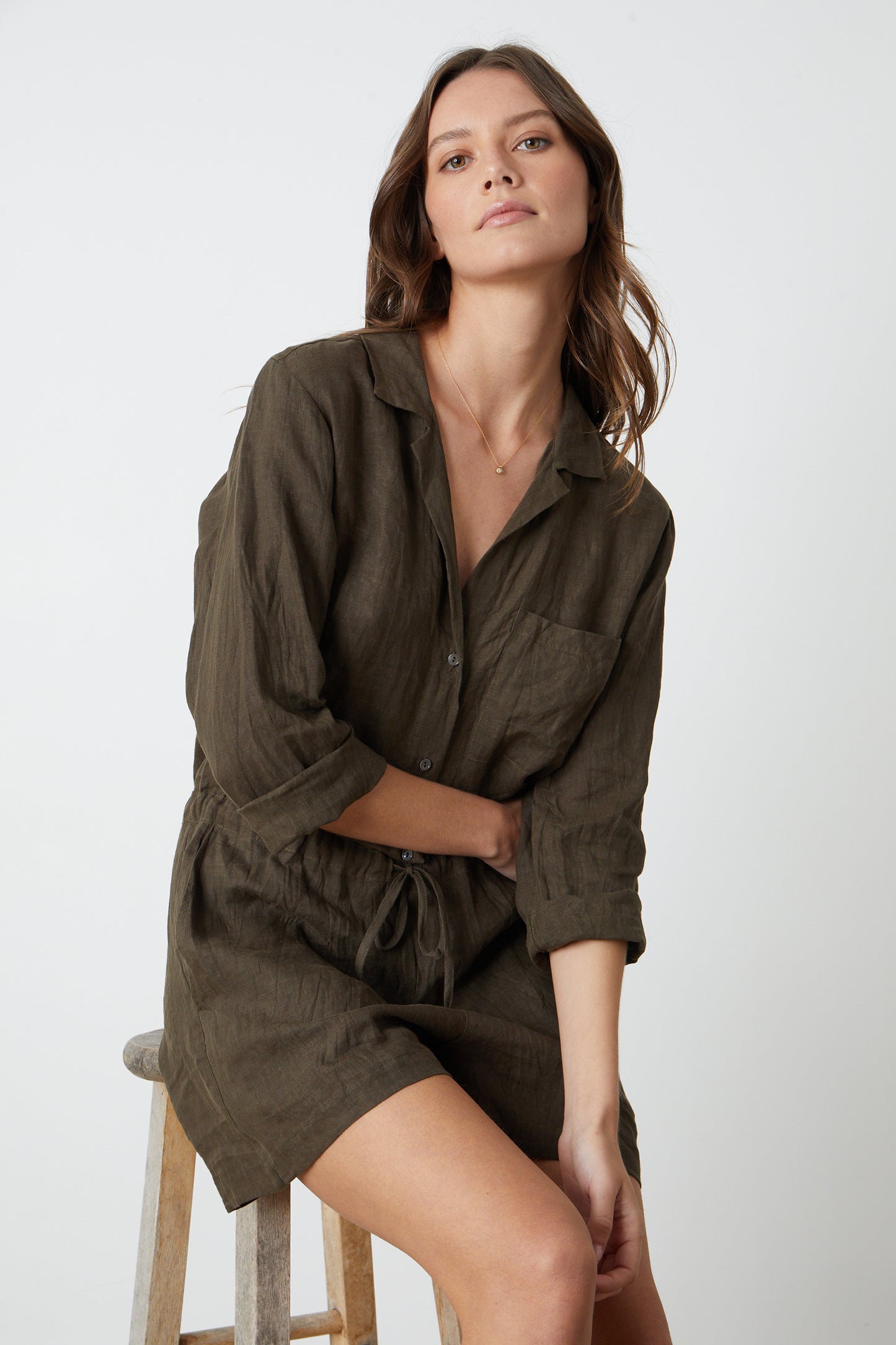 RUTH WOVEN LINEN PLAYSUIT IN CAVIAR