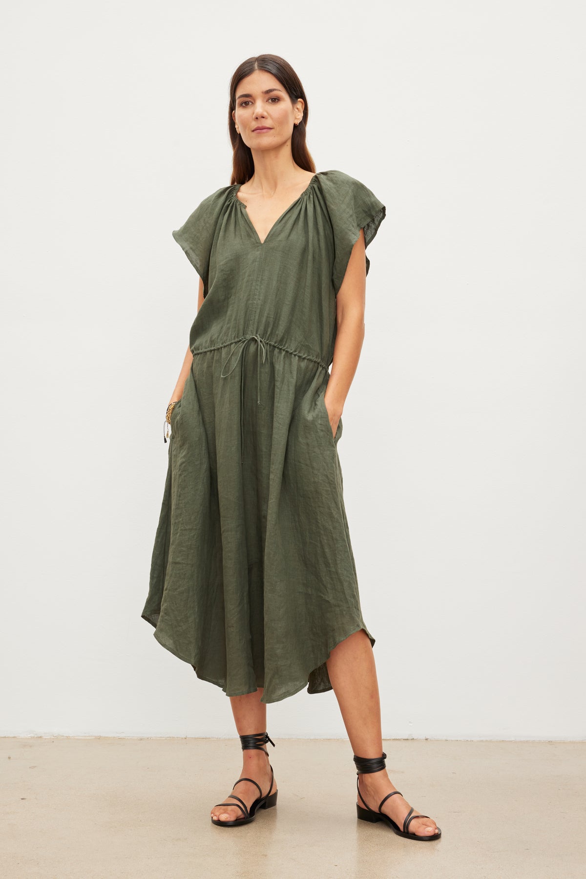 PEPPER LINEN V-NECK DRESS IN TOOTSIE