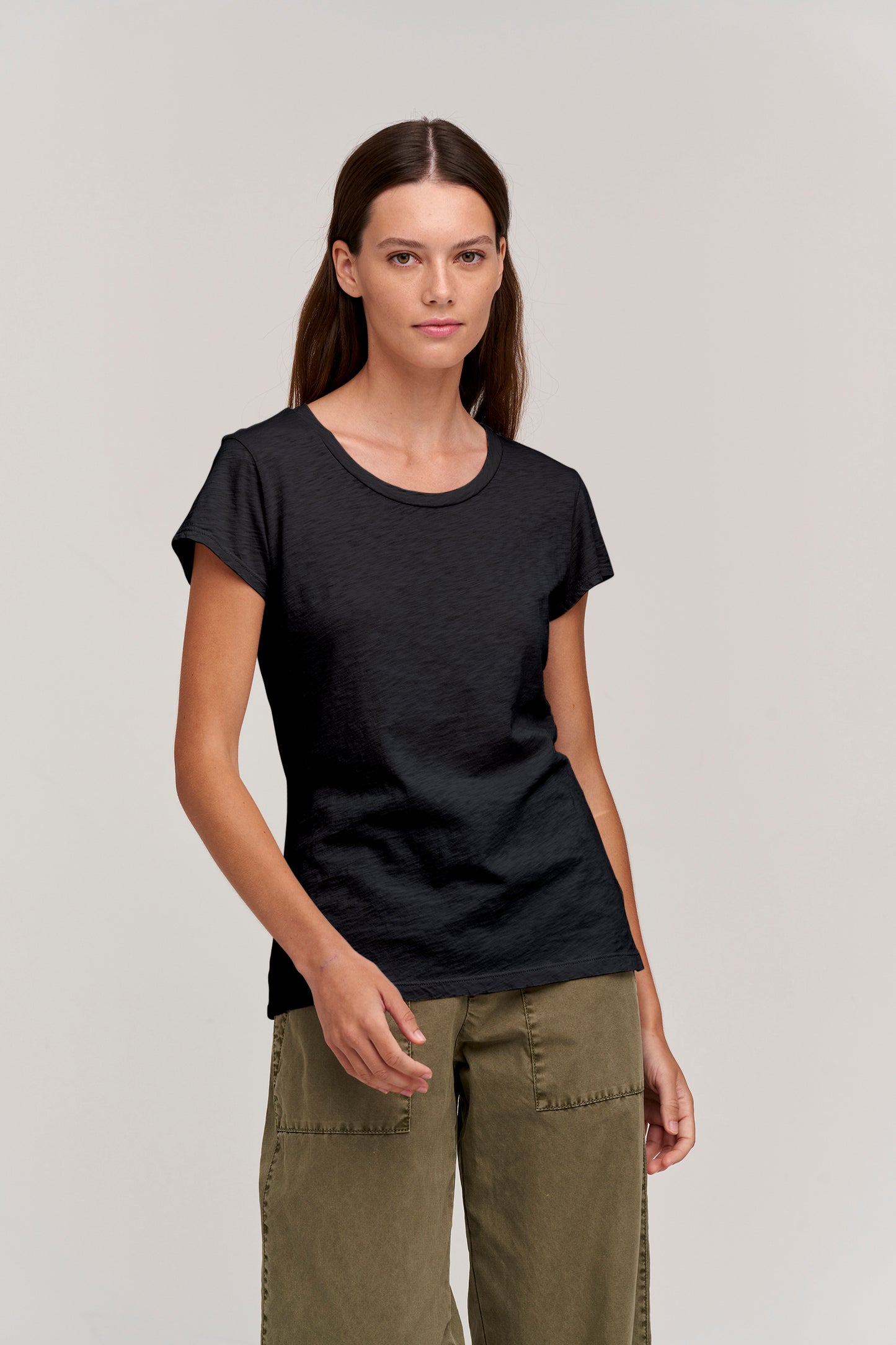 ODELIA COTTON SLUB CREW NECK T-SHIRT IN BLACK
