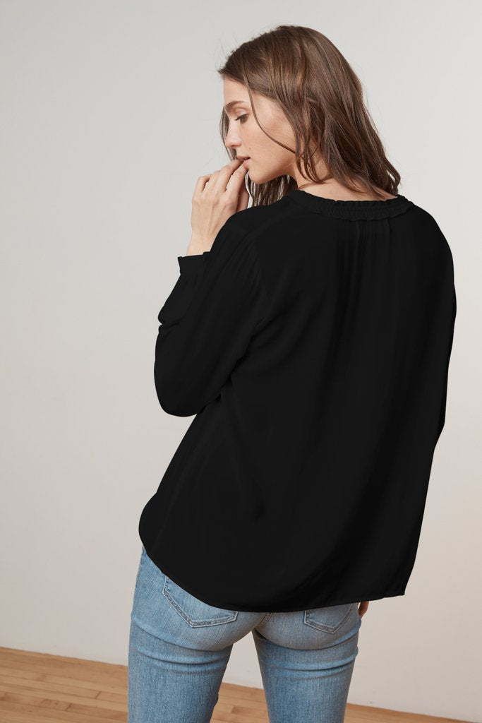 SAMANTHA RAYON CHALLIS PEASANT TIE TOP IN BLACK