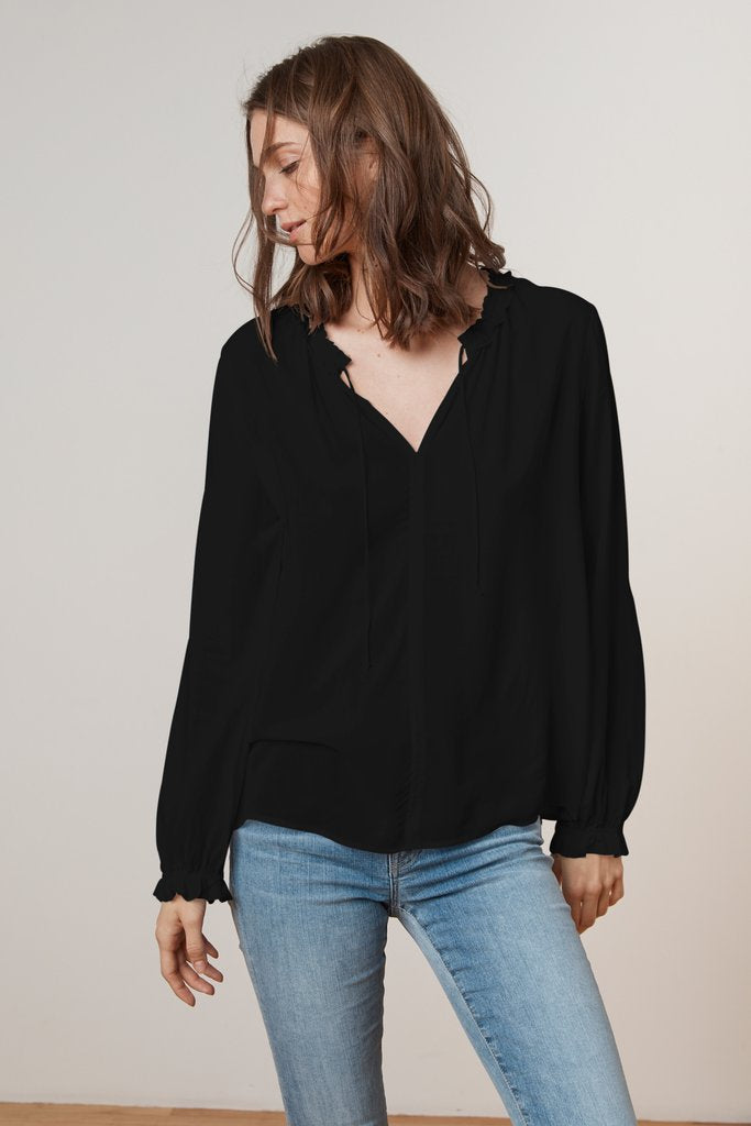 SAMANTHA RAYON CHALLIS PEASANT TIE TOP IN BLACK
