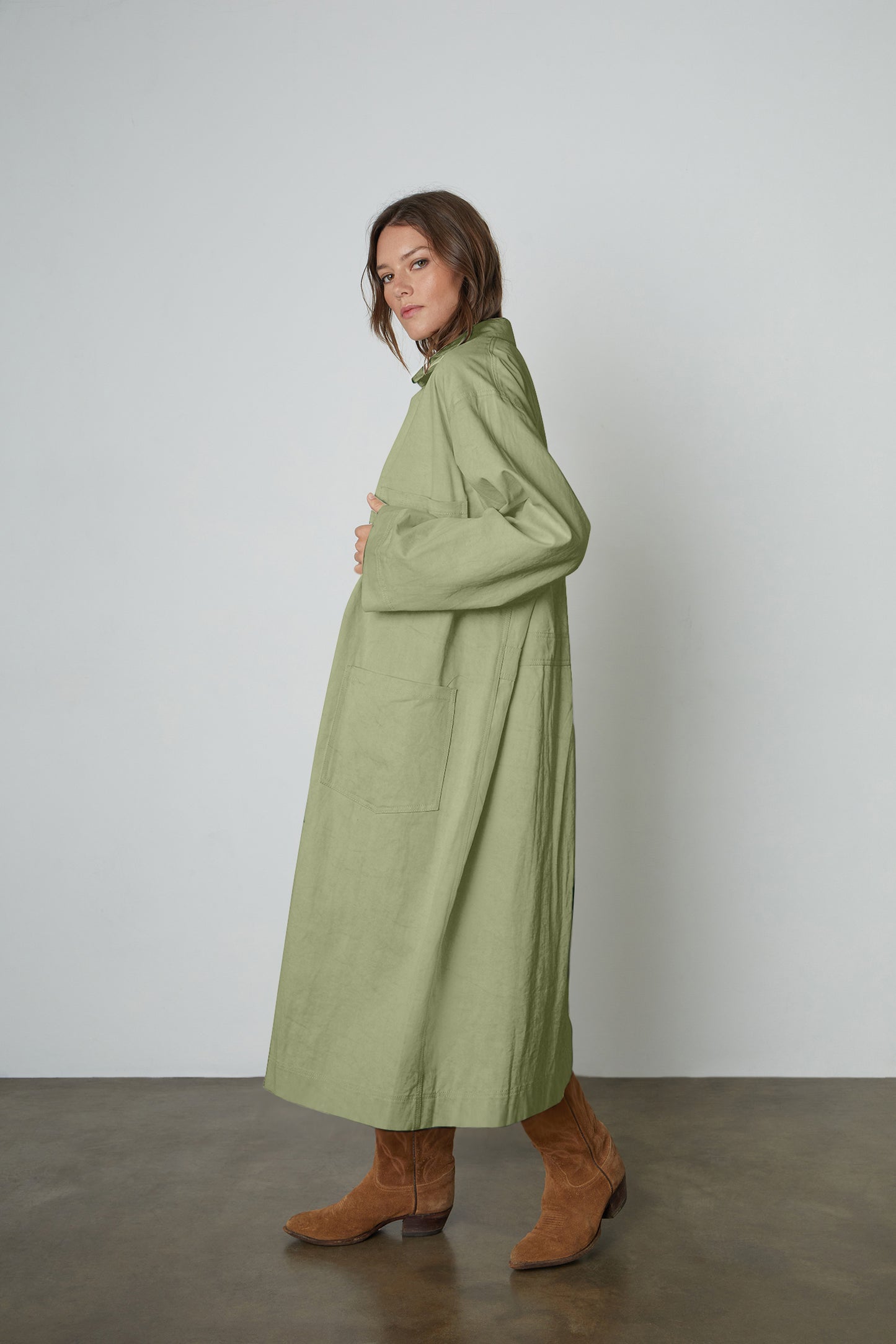 ELAINE SANDED TWILL COAT IN MOSS