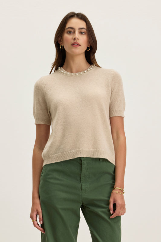 YARA CASHMERE EMBELLISHED SWEATER IN WHEAT