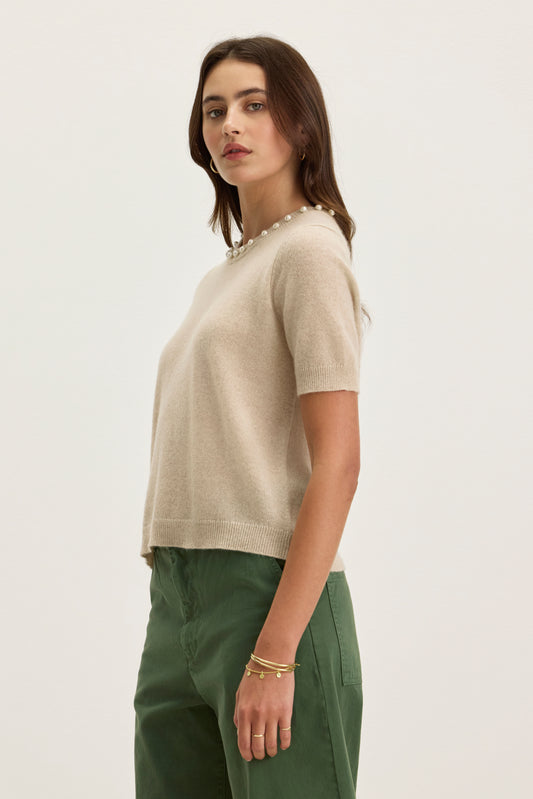 YARA CASHMERE EMBELLISHED SWEATER IN WHEAT