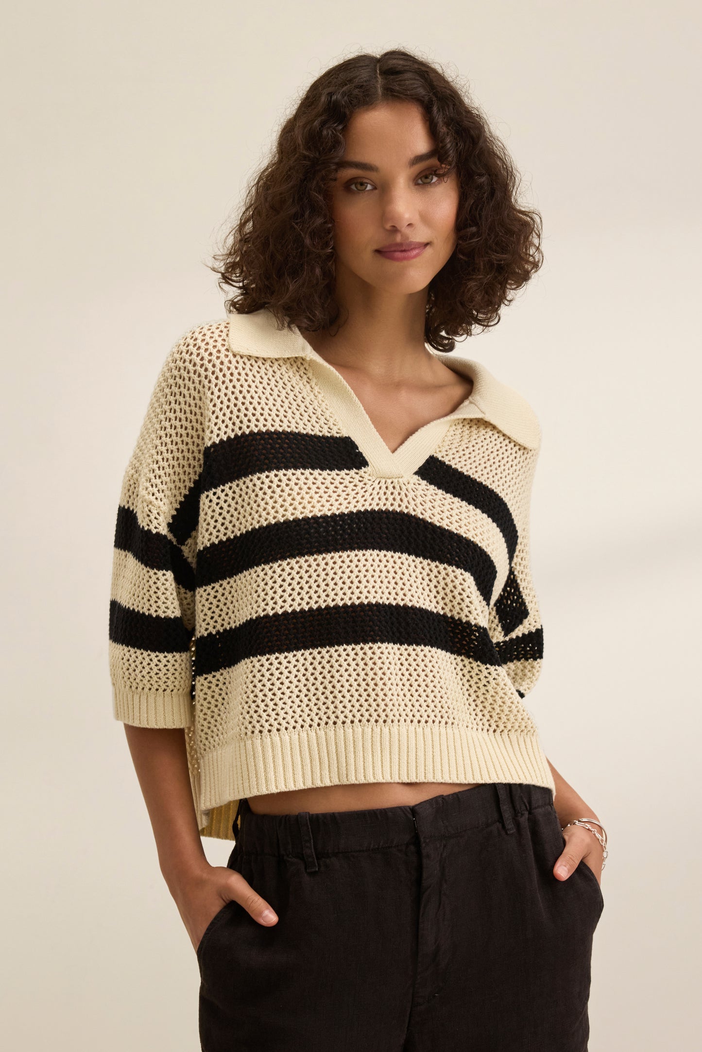 YORK COTTON CASHMERE MESH SWEATER POLO IN CREAM