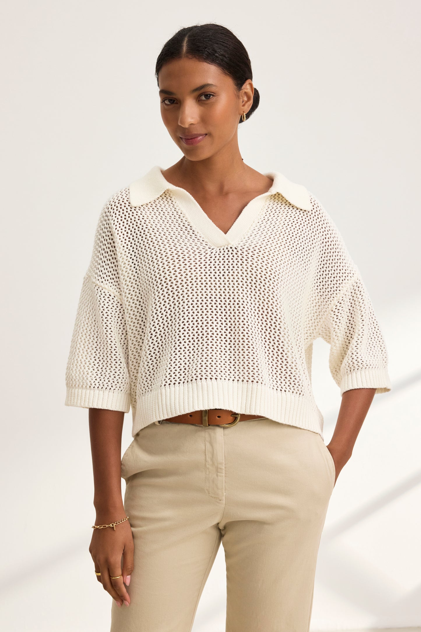 YORK COTTON CASHMERE MESH SWEATER POLO IN MILK