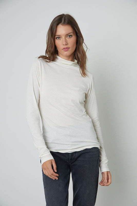 TALISIA GAUZY WHISPER TURTLE NECK TOP IN MOON