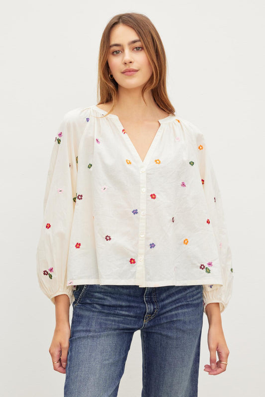 ARETHA EMBROIDERED BOHO TOP IN CREAM