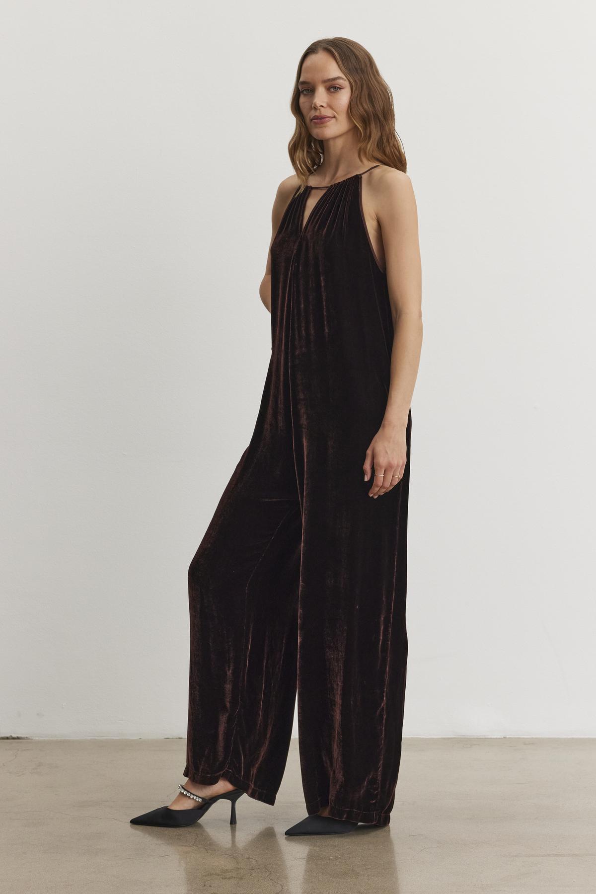 CIENNA SILK VELVET JUMPSUIT IN BURLWOOD