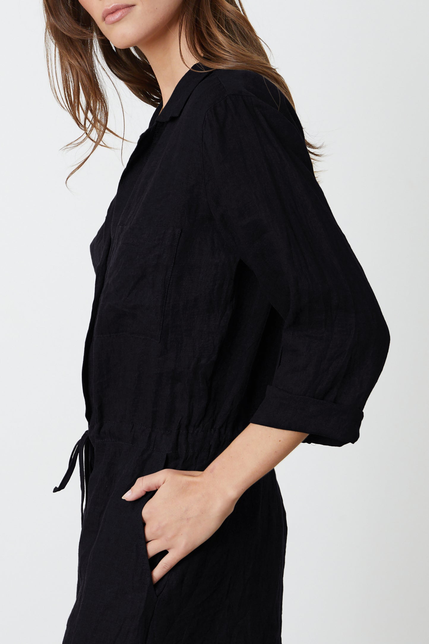 RUTH WOVEN LINEN PLAYSUIT IN BLACK