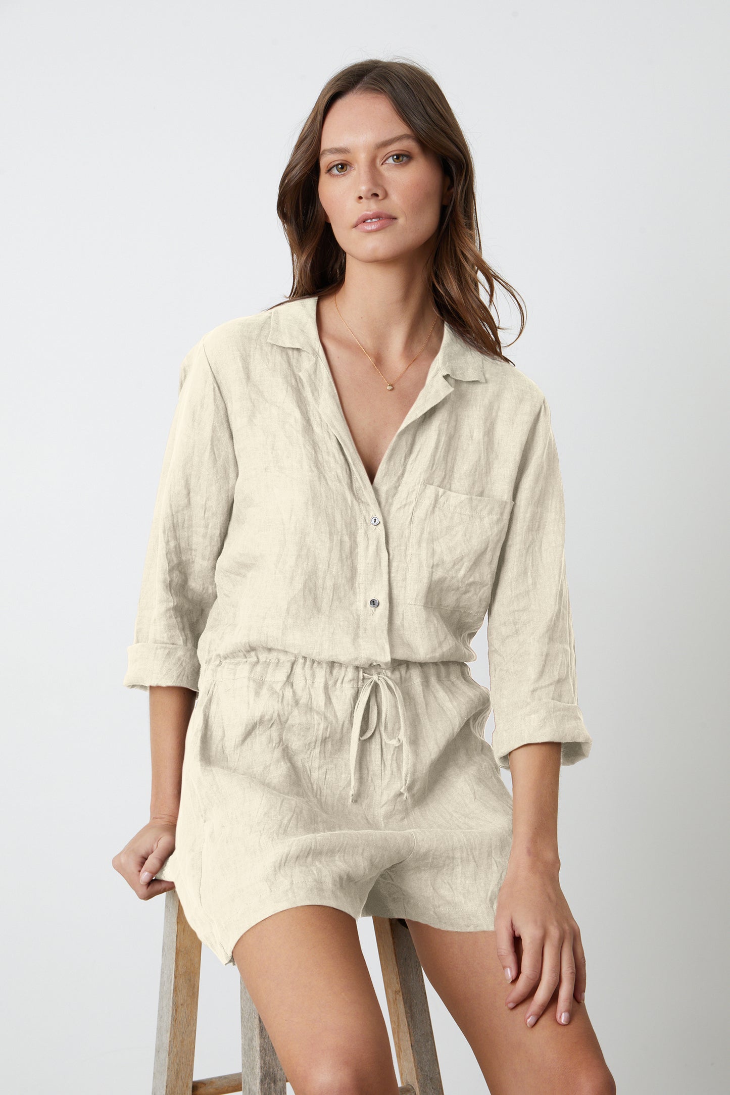 RUTH WOVEN LINEN PLAYSUIT IN SAND