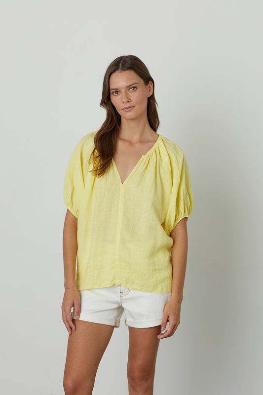 JANINE PUFF SLEEVE LINEN TOP IN LEMON