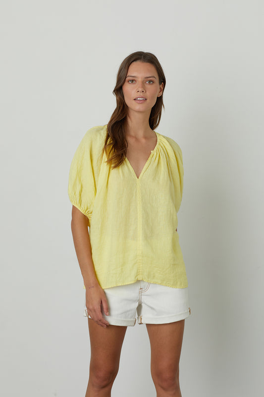 JANINE PUFF SLEEVE LINEN TOP IN LEMON