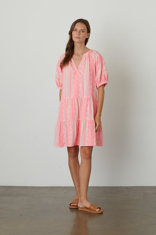 SOPHIE PUFF SLEEVE JACQUARD DRESS IN NEON PINK