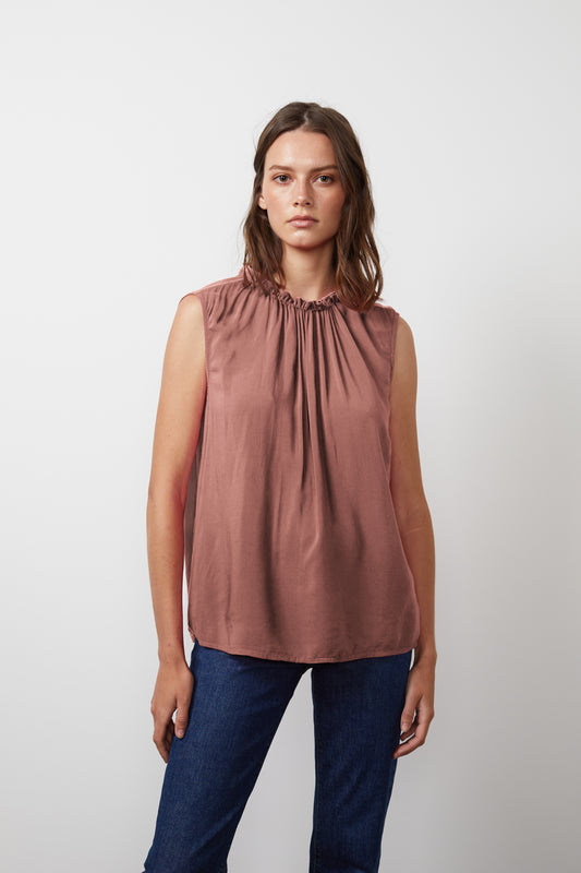 WENNA RAYON CHALLIS SLEEVELESS BLOUSE IN SCALLOP