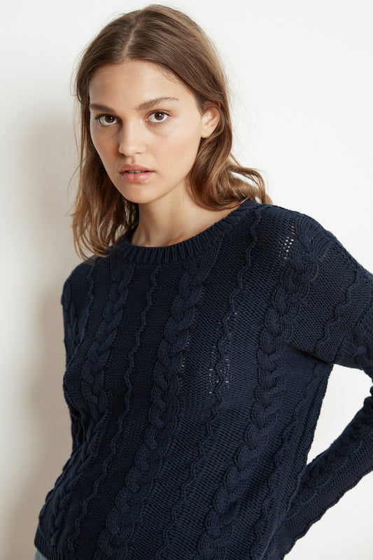 ARELY COTTON CABLE KNIT SWEATER IN NAVY