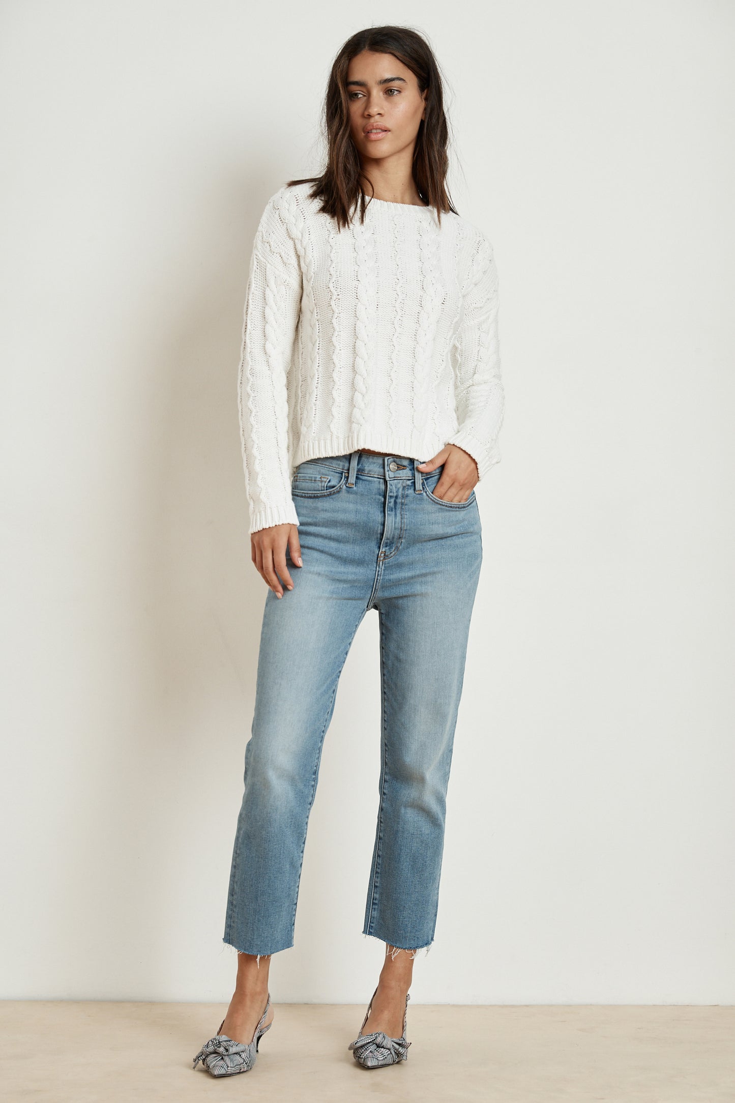 ARELY COTTON CABLE KNIT SWEATER IN MILK