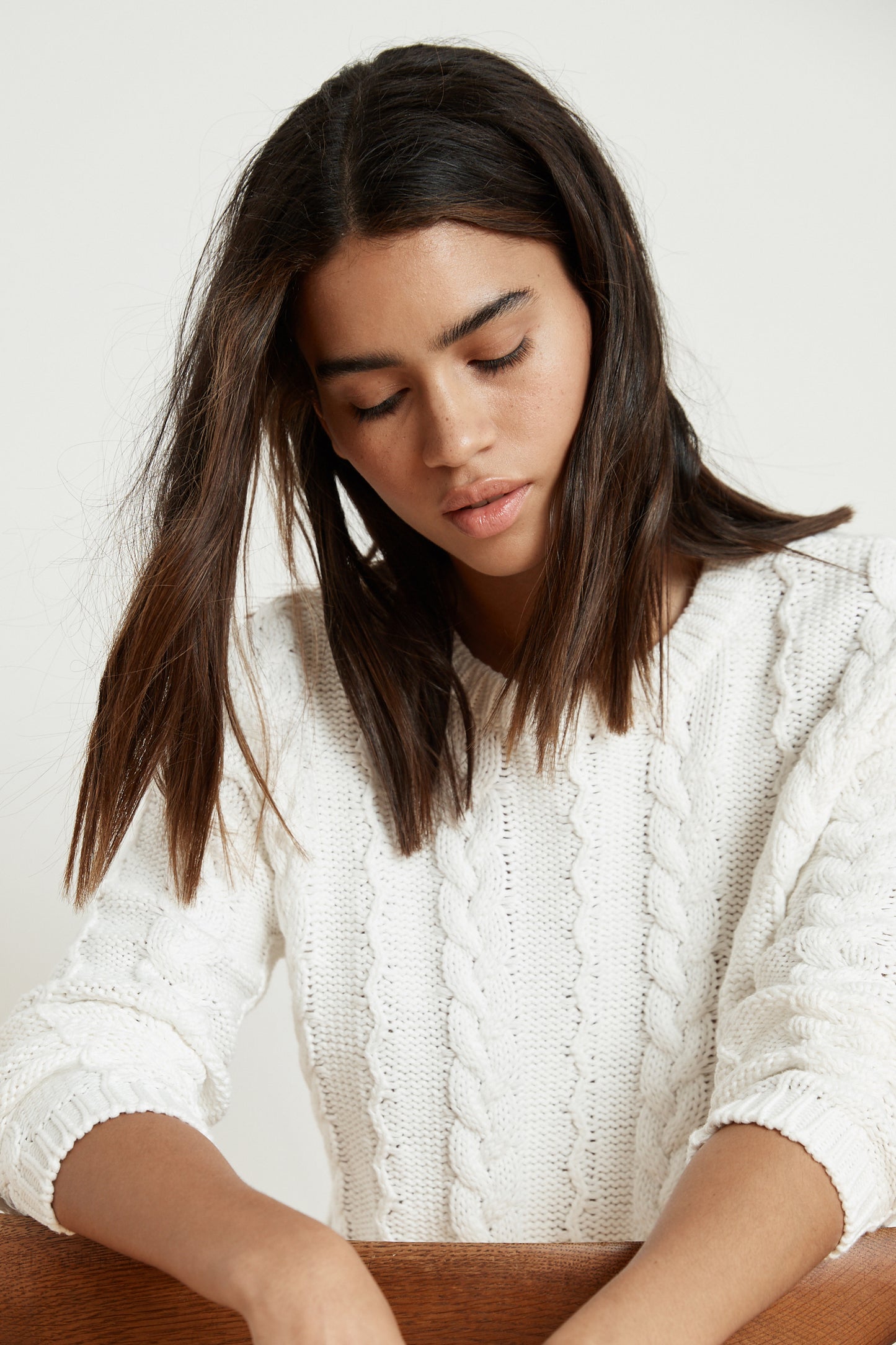 ARELY COTTON CABLE KNIT SWEATER IN MILK
