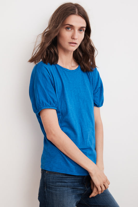 LOUISE COTTON SLUB SHORT PUFF SLEEVE TEE IN PACIFIC
