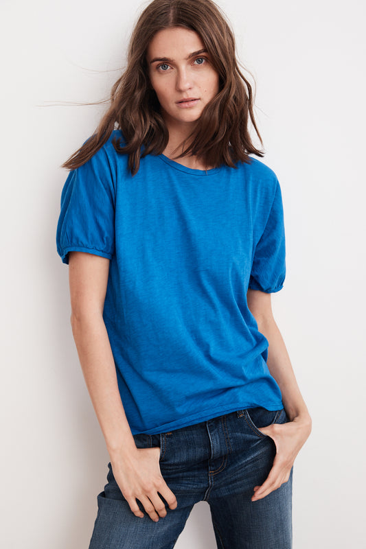 LOUISE COTTON SLUB SHORT PUFF SLEEVE TEE IN PACIFIC