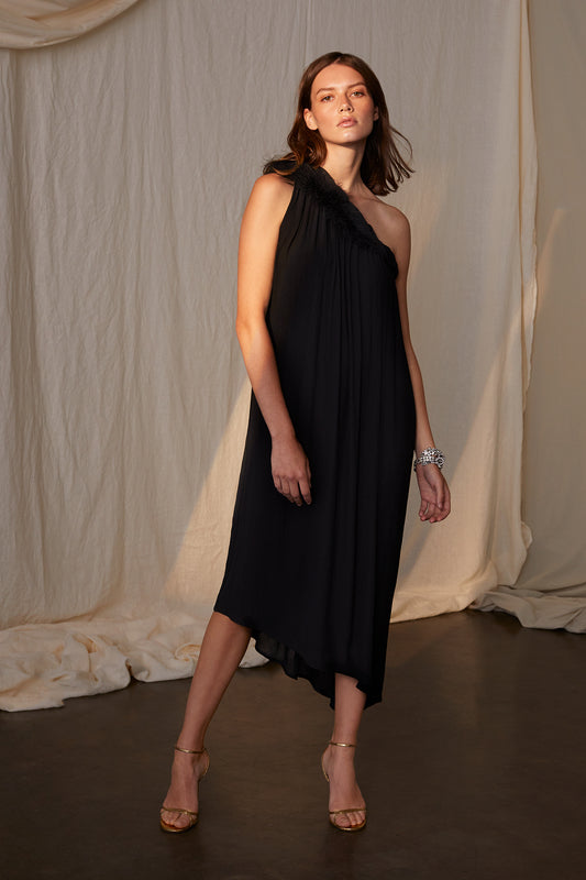 PORTIA CRINKLE VISCOSE LACE ASSYMETRICAL DRESS IN BLACK