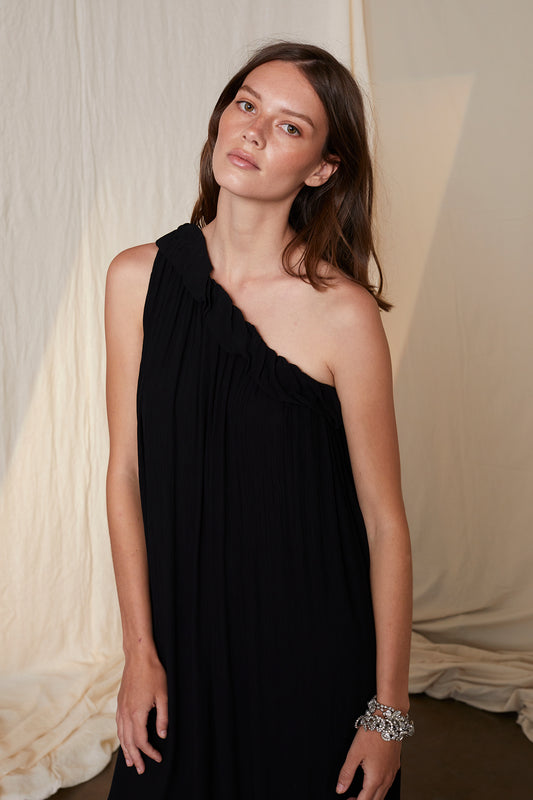 PORTIA CRINKLE VISCOSE LACE ASSYMETRICAL DRESS IN BLACK