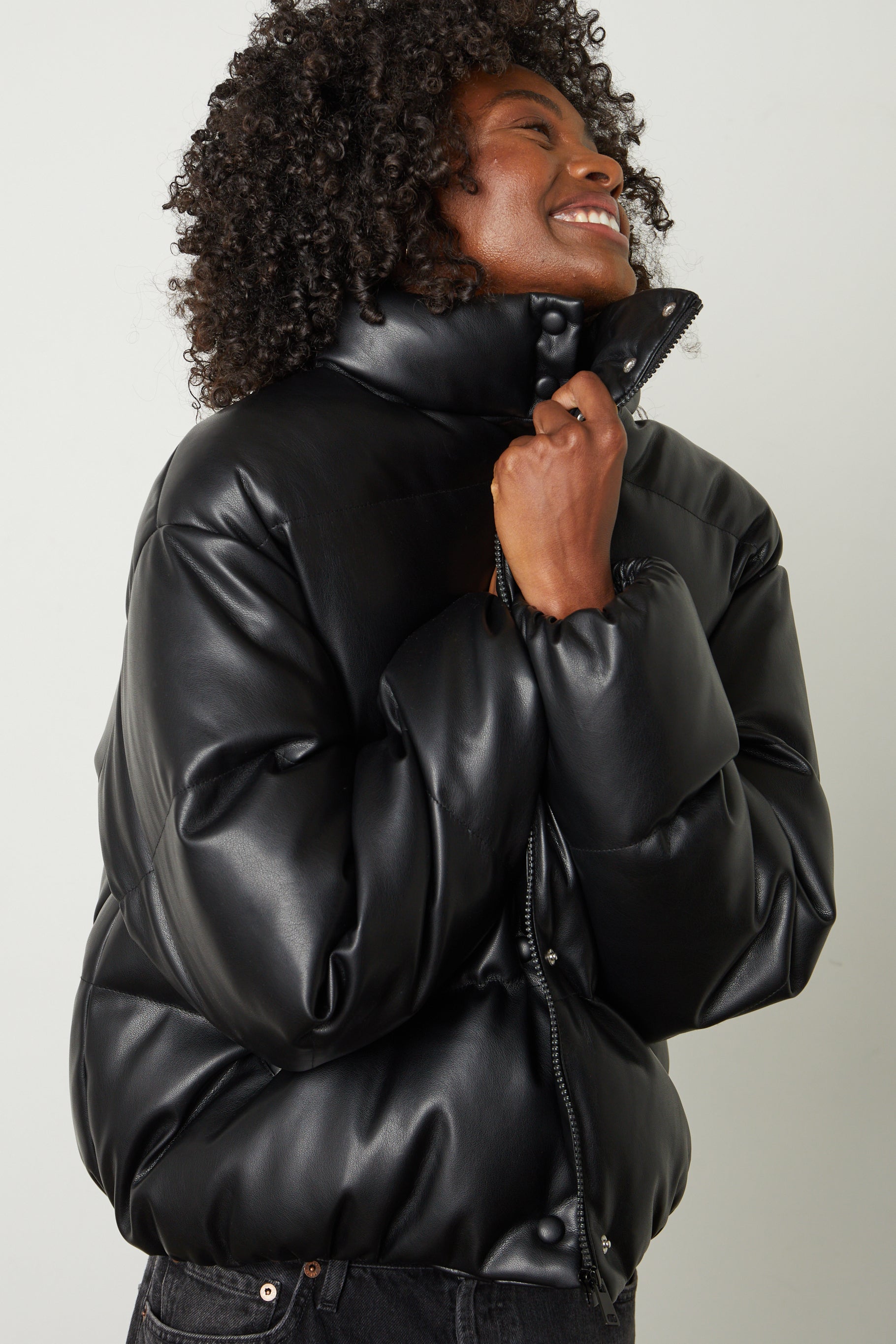 Faux patent leather puffer jacket on sale