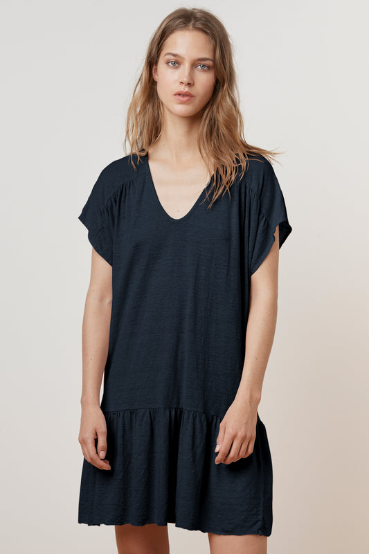 KADRA LINEN KNIT RUFFLE DRESS IN VIKING