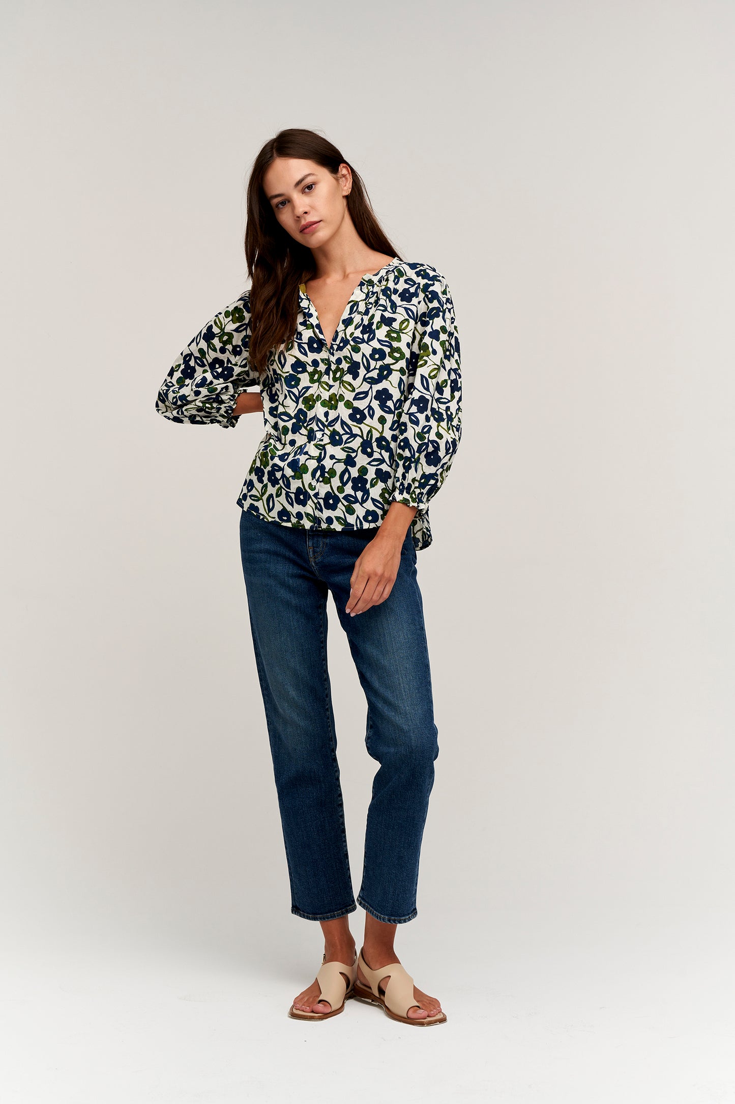 WILLOW PRINTED COTTON CAMBRIC TOP IN NAVY