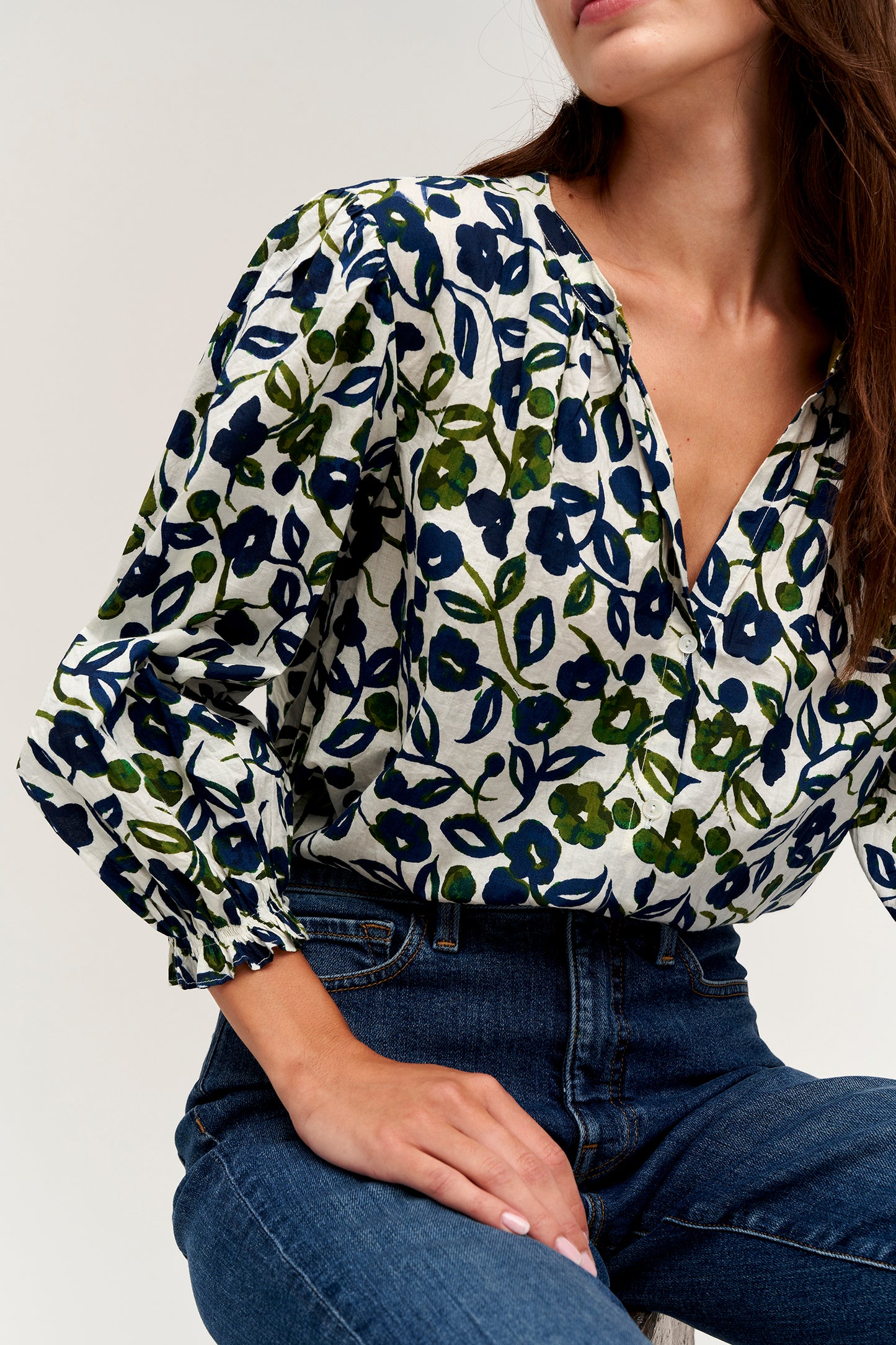 WILLOW PRINTED COTTON CAMBRIC TOP IN NAVY
