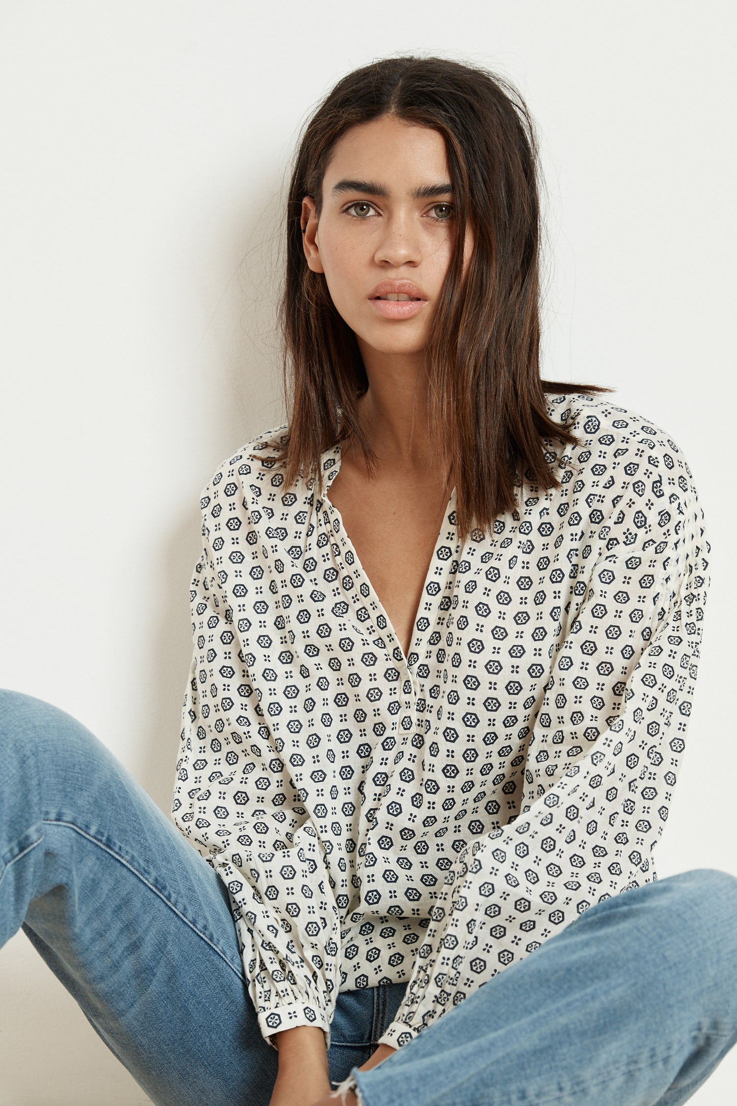 ERIKA PRINTED COTTON VOILE HALF-PLACKET BLOUSE IN CRESCENT
