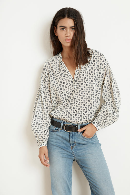 ERIKA PRINTED COTTON VOILE HALF-PLACKET BLOUSE IN CRESCENT