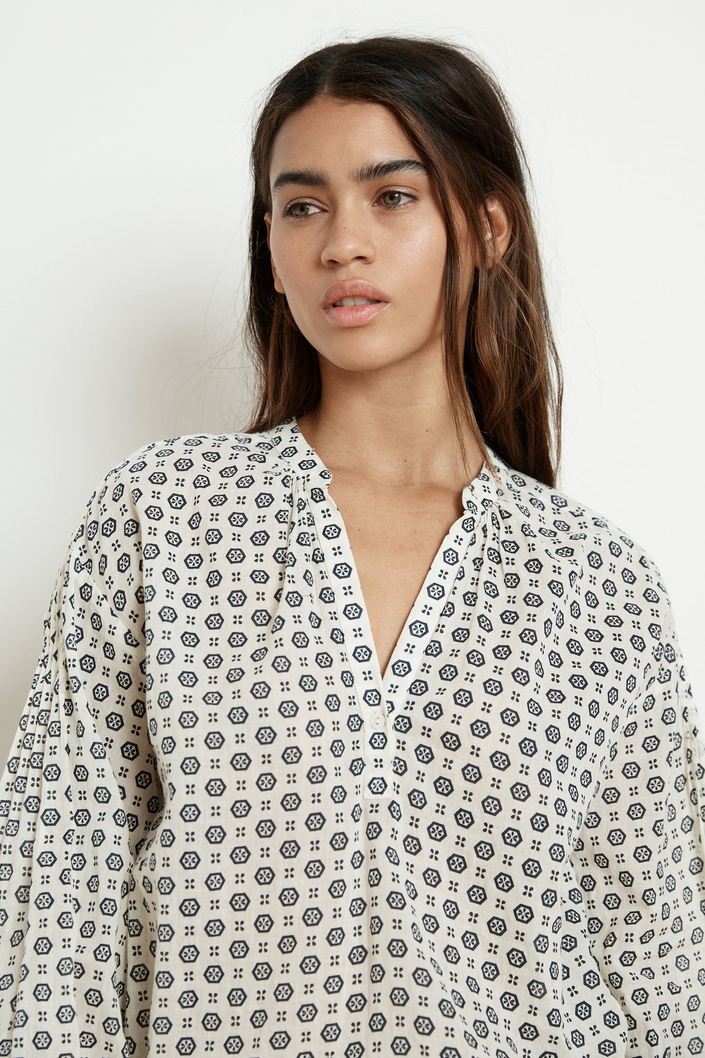 ERIKA PRINTED COTTON VOILE HALF-PLACKET BLOUSE IN CRESCENT